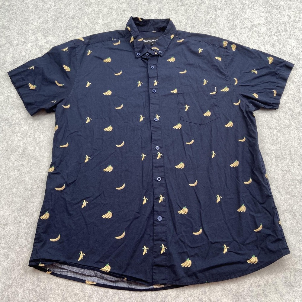 Molokai Surf Co Shirt Mens XL Blue Banana Print Hawaiian Aloha Button Up *STAIN*